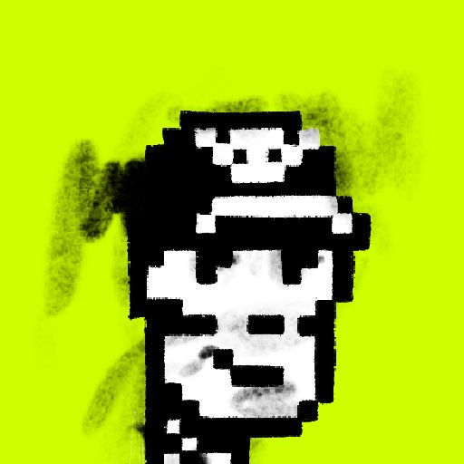 A pixel art black and white creature or character on a bright yellow-green background with spray paint effects.