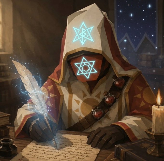 Digital artwork depicting a hooded figure with glowing cyan geometric symbols on their hood and face mask, writing with a magical glowing quill by candlelight against a starry night background.