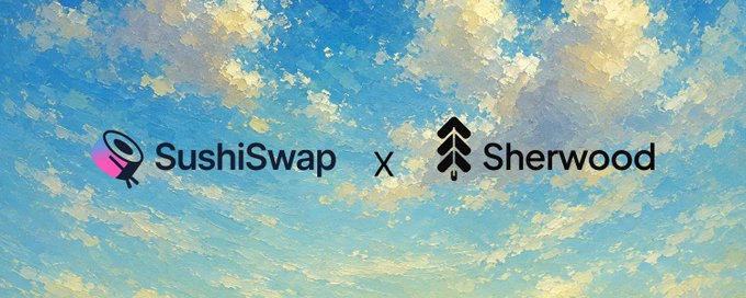 Promotional graphic showing a collaboration between SushiSwap and Sherwood logos against a cloudy sky background.