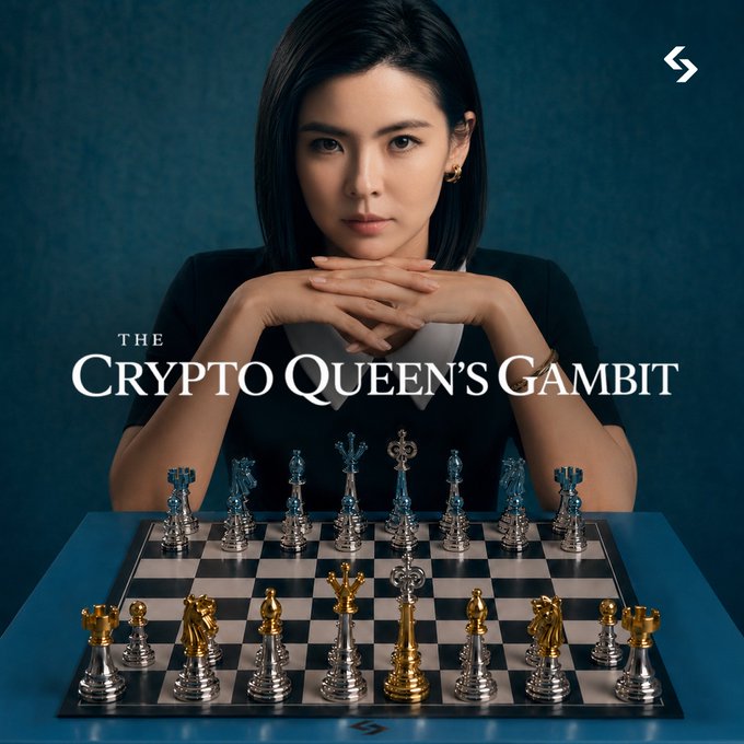 A serious-looking woman rests her chin on her clasped hands behind a chessboard featuring gold and silver pieces, with the text "The Crypto Queen's Gambit" overlaid across the image. The chess motif visually reinforces the post's metaphor comparing strategic chess moves to stock options trading on Bitget, tying into the giveaway promotion for limited-edition Bitget chess sets.