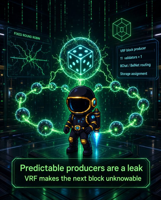 A digital illustration of an astronaut character holding a blue jet flame, surrounded by floating spheres and lightning effects, with text about 'VRF block producer,' 'Fixed Round Robin,' and a banner reading 'Predictable producers are a leak / VRF makes the next block unknowable.'