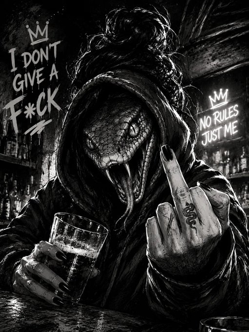 A black-and-white illustration of a hooded snake-like figure at a bar holding a glass and flipping the bird, with graffiti reading 'I DON'T GIVE A F*CK' and 'NO RULES JUST ME' alongside crown symbols.