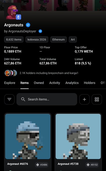 A screenshot of an OpenSea NFT collection page for 'Argonauts' by ArgonautsDeployer, showing a floor price of 0.1889 ETH, 8,632 items, and pixel-art character portraits.
