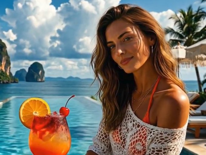 A sun-kissed woman with long wavy hair poses poolside at a tropical resort, holding a vibrant orange cocktail garnished with a cherry and orange slice, set against a backdrop of ocean cliffs and palm trees—a fitting visual for the $STRC girl "starting an OnlyFans" meme suggestion.