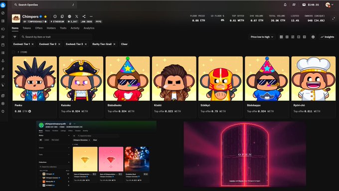 A screenshot of the Chimpers NFT collection page on OpenSea displays seven tier-3 monkey avatars (Peruke, Kazuku, Bidoiduku, Keishi, Goklyel, Balidoggo, Ryin-chi) with floor prices ranging from 0.24 to 0.811 ETH and a total volume of 28.4K ETH, while a featured "Genesis Box" preview highlights unopened Chimpvolution 1/1 NFTs—directly relevant to the post about unrevealed 1/1 gems in the Chimpers Treasury potentially being burned on stream.