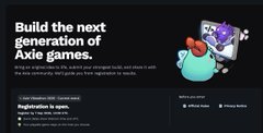 A webpage banner reading 'Build the next generation of Axie games' featuring an Axolotl character and registration details for a game jam.