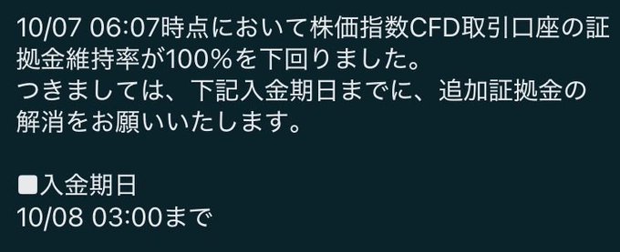 Japanese text warning about a stock index CFD trading account margin maintenance ratio falling below 100% on 10/07 at 06:07, requesting additional margin by 10/08 03:00.