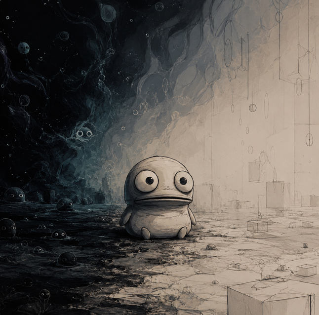 The image features a cartoon of Glub, an adorable creature who was born exactly 3,000 meters below the ocean floor. After spending centuries staring into nothingness, Glub has finally made his way above the ocean's surface, only to find himself looking at charts. The black and white color scheme gives the impression of a surreal environment as the central figure in this illustration.