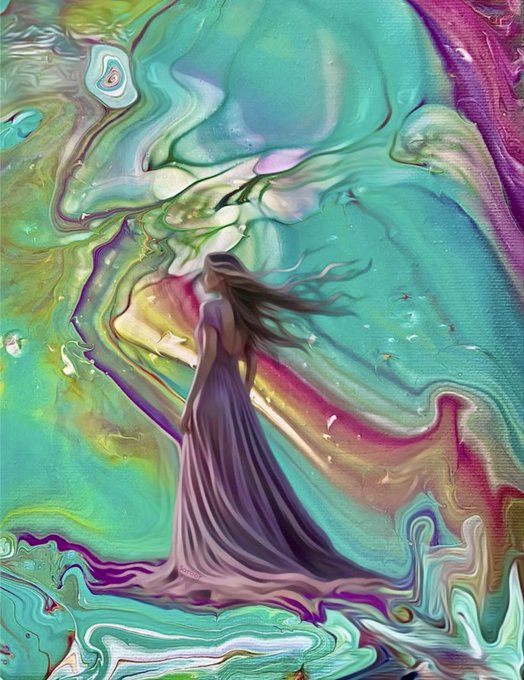 An abstract, fluid art painting featuring swirling patterns of teal, purple, and pastel colors, depicting the silhouette of a woman in a flowing dress blending into the marbled background.