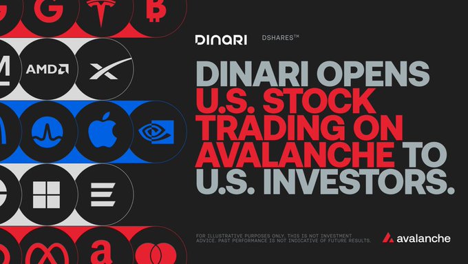 A promotional graphic for Dinari DShares announcing 'DINARI OPENS U.S. STOCK TRADING ON AVALANCHE TO U.S. INVESTORS', featuring logos of major companies including Google, Tesla, Apple, AMD, and Microsoft.