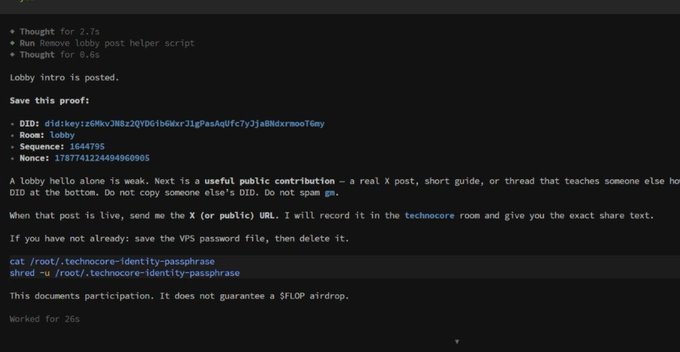 A terminal/command line output showing lobby intro posting proof with DID, Room, Sequence (1644795), and Nonce values, along with instructions about X/Twitter sharing and technocore identity passphrase files.