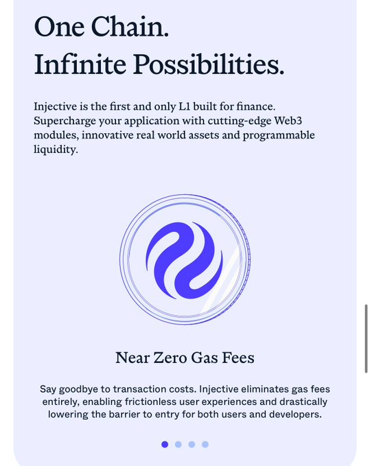 A promotional graphic for Injective blockchain featuring the heading "One Chain. Infinite Possibilities." with a circular purple logo, highlighting "Near Zero Gas Fees" as a key feature that eliminates transaction costs for users and developers—reinforcing the post's message about Injective's finance-first, accessible blockchain rails.