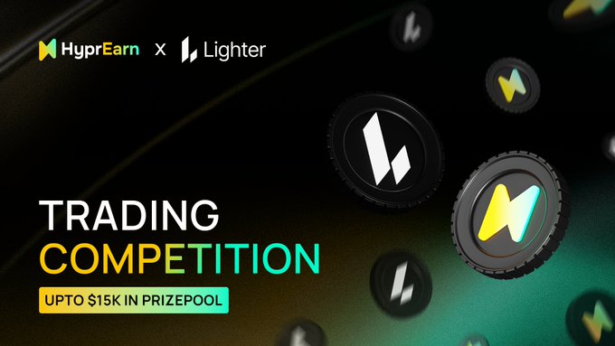 A promotional banner for a 'Trading Competition' between HyprEarn and Lighter, advertising 'Upto $15K in Prize Pool' with floating coin graphics.