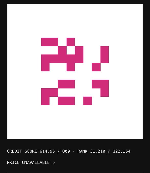 A minimalist pixel art design on a white background featuring magenta blocks forming an abstract face, with text showing 'CREDIT SCORE 614.95 / 800' and 'PRICE UNAVAILABLE'.