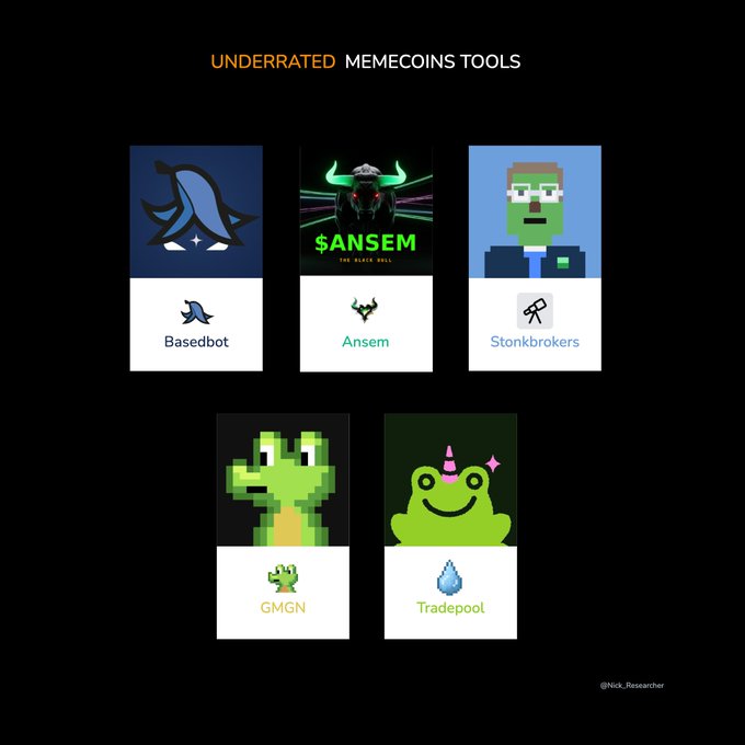 An infographic titled "UNDERRATED MEMECOINS TOOLS" featuring five character-themed icons (an orca-like shark, a bull-headed figure, a green-block character, a pixelated frog, and a smiling frog with a unicorn horn) representing the tools Basedbot, Ansem, Stonkbrokers, GMGN, and Tradepool, arranged in a grid against a black background. The image visually complements the post's list of lesser-known memecoin research and tracking tools like @BasedBot and the Ansem launchpad.