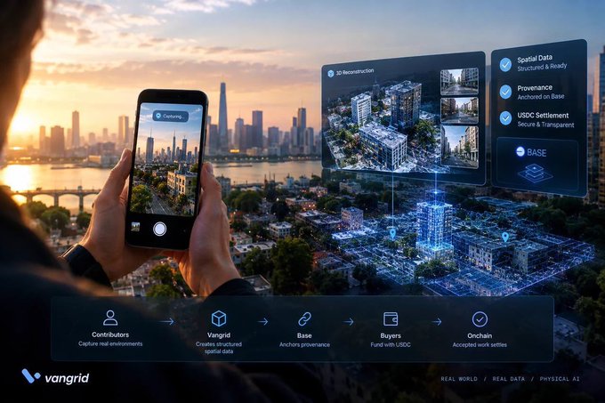 A promotional image for VanGrid showing a person holding a smartphone that captures real-world data, with a workflow connecting Contributors, VanGrid, Base, Buyers, and Onchain elements.