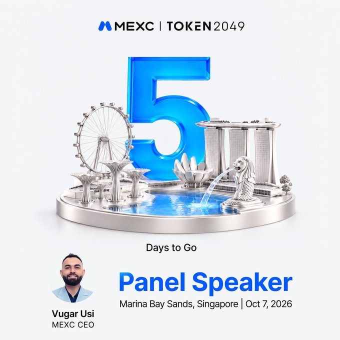 A promotional countdown graphic for MEXC's TOKEN2049 event featuring a large blue "5" above miniature Singapore landmarks (Marina Bay Sands, Singapore Flyer, and Merlion) with text reading "Days to Go | Panel Speaker | Marina Bay Sands, Singapore | Oct 7, 2026," highlighting MEXC CEO Vugar Usi (handle @usithetalk) as a speaker.