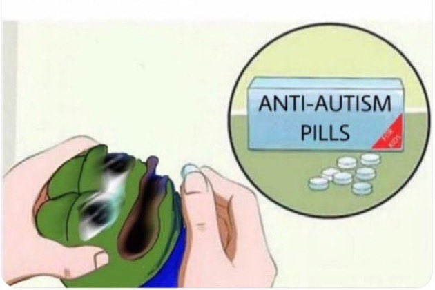 !!!IMAGE!!! Peacock, a green cartoon character with black eyes and a red mouth, is depicted taking an anti-autism pill from a blue pill bottle labeled "Ant-Autism Pills".