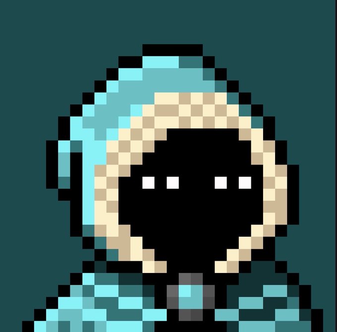 A pixel art portrait depicts a character wearing a teal hood and a tan scarf, with only three glowing dots visible in the dark shadow of their face.