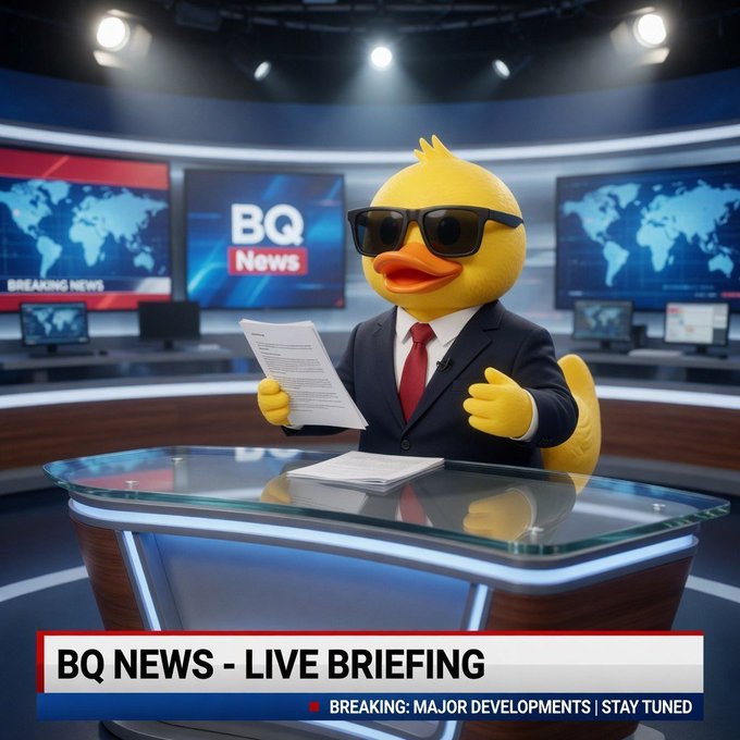 A cartoon duck wearing sunglasses and a suit anchors a "BQ NEWS - LIVE BRIEFING" news set, holding papers behind a glass desk with world maps and "BREAKING NEWS" screens in the background. The chyron reads "BREAKING: MAJOR DEVELOPMENTS | STAY TUNED," visually framing the post's report on Strategy (formerly MicroStrategy) selling 1,638 BTC for $105M amid its "Bitcoin Drive" program.