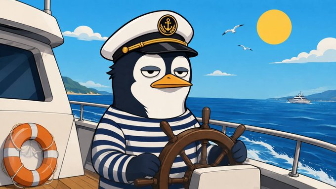 A cartoon illustration of a penguin wearing a sailor hat and striped shirt steering a ship's wheel on a boat, with a life preserver, ocean, and seagulls in the background.