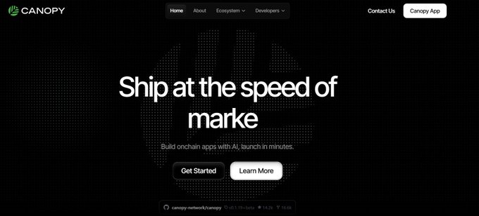 The image shows the Canopy Network (CNPY) website homepage featuring the headline "Ship at the speed of market" with the tagline "Build onchain apps with AI, launch in minutes," along with "Get Started" and "Learn More" buttons, and a domain bar displaying "canopy-network/canopy." The image showcases Canopy's project branding, which complements the post's introduction of Canopy Atomic—a trustless cross-chain swap protocol—though the homepage itself focuses on Canopy's AI-powered onchain app development platform rather than the atomic swap functionality being highlighted.