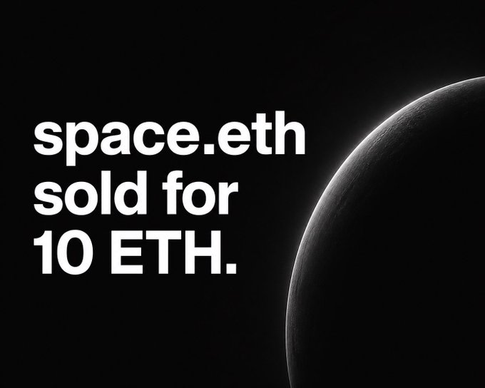 A stark black and white graphic announces 'space.eth sold for 10 ETH.' next to an image of a planet's curved edge.