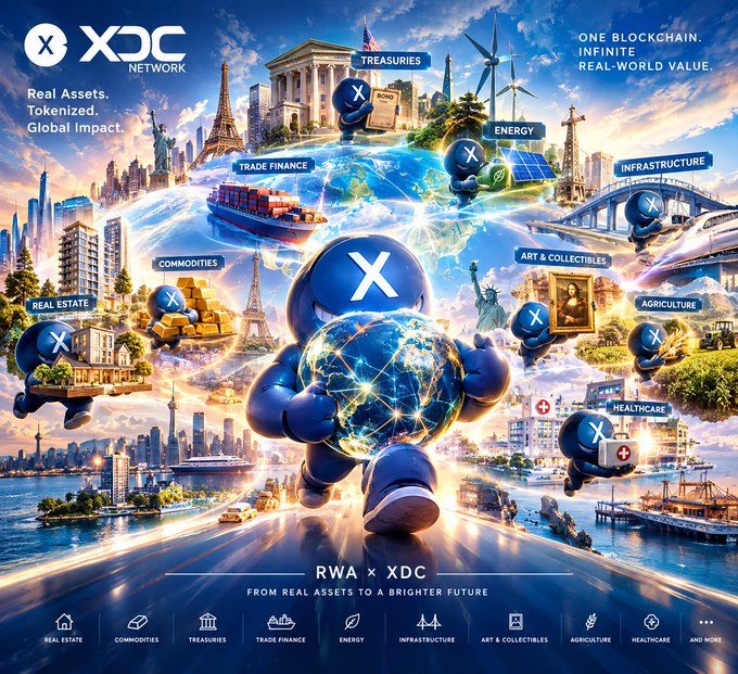 A promotional graphic for 'XDC NETWORK' featuring a blue cartoon character holding a globe, surrounded by icons representing 'REAL ESTATE, COMMODITIES, TREASURIES, TRADE FINANCE, ENERGY, INFRASTRUCTURE, ART & COLLECTIBLES, AGRICULTURE, HEALTHCARE' with the tagline 'RWA x XDC FROM REAL ASSETS TO A BRIGHTER FUTURE.'