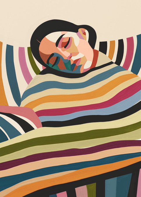 A colorful minimalist digital illustration depicts a person sleeping under a striped multicolored blanket, with their face rendered in abstract pastel shapes.