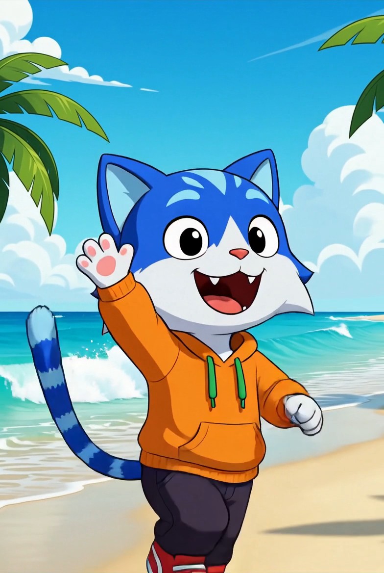 An animated blue and white cartoon cat character wearing an orange hoodie and black pants waves happily while standing on a sunny beach with the ocean and sky in the background.