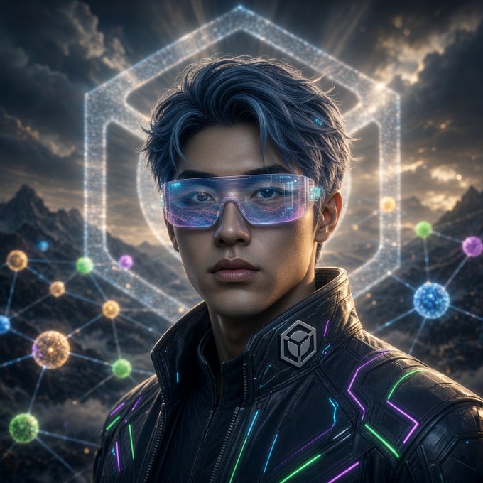 A digital artwork of a young man with blue hair wearing futuristic glowing neon visor glasses and a black jacket, with a glowing hexagonal pattern and network of colorful spheres in the background.