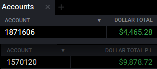 An accounts dashboard displays two entries: account 1871606 with a dollar total of $4,465.28 and account 1570120 with a dollar total P/L of $9,878.72.