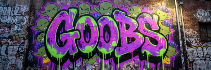 Vibrant graffiti art on a brick wall featuring the word "GOOBS" in purple and green letters surrounded by cartoon goblin faces.