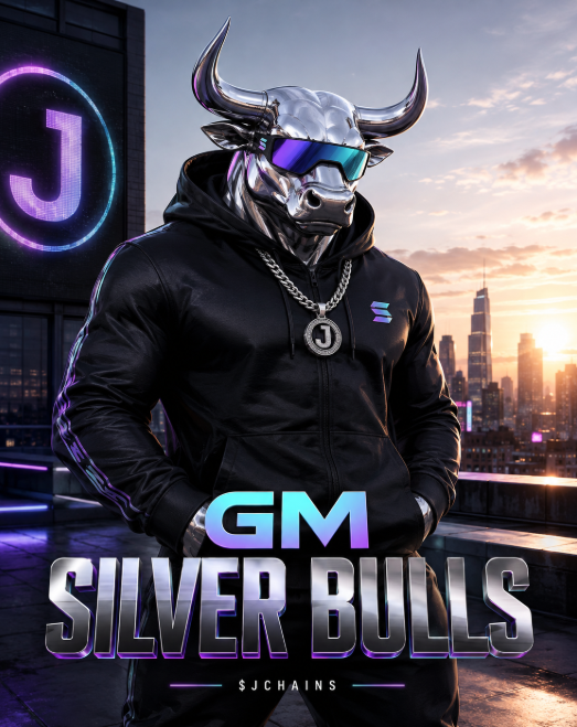 A promotional graphic for 'GM SILVER BULLS - SJCHAINS' featuring a character in a silver bull mask and black hoodie standing on a rooftop with a city skyline at sunset.
