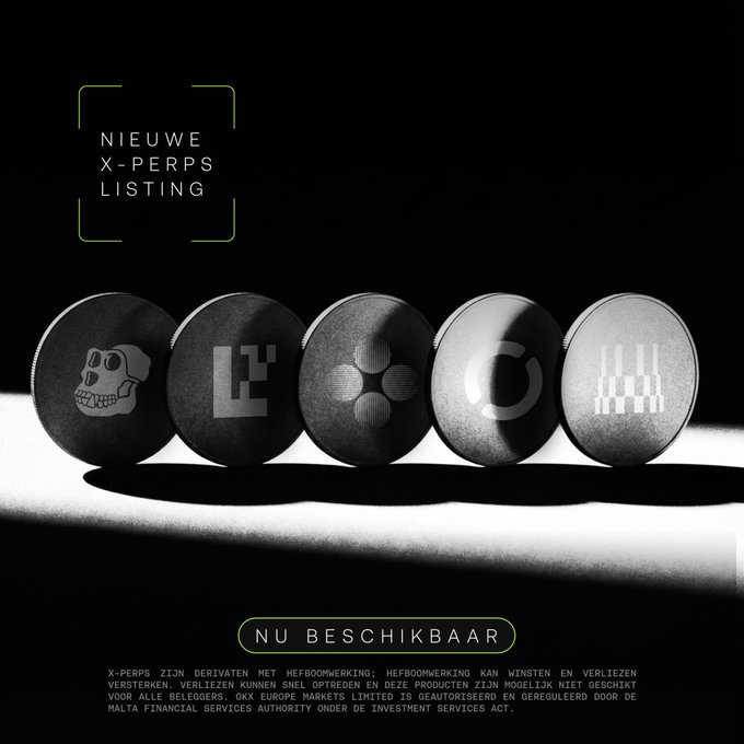 A promotional image titled "NIEUWE X-PERPS LISTING" displaying five black tokens/coins with various symbols (skull, L, X, C, and others) with "NU BESCHIKBAAR" at the bottom in green.