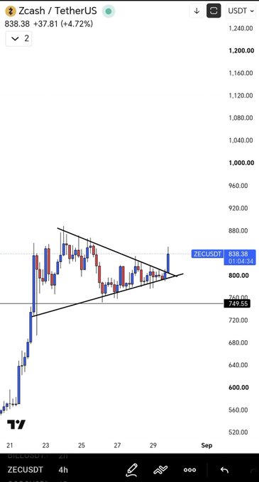A mobile trading chart interface for Zcash / TetherUS (ZECUSDT) on TradingView, showing a price of 838.38 (+4.72%) with a symmetrical triangle pattern drawn on the candlestick chart.