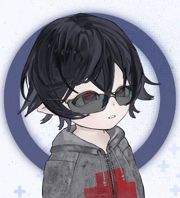 An anime-style drawing of a young person with dark messy hair, wearing tinted sunglasses and a grey hoodie with a red design.