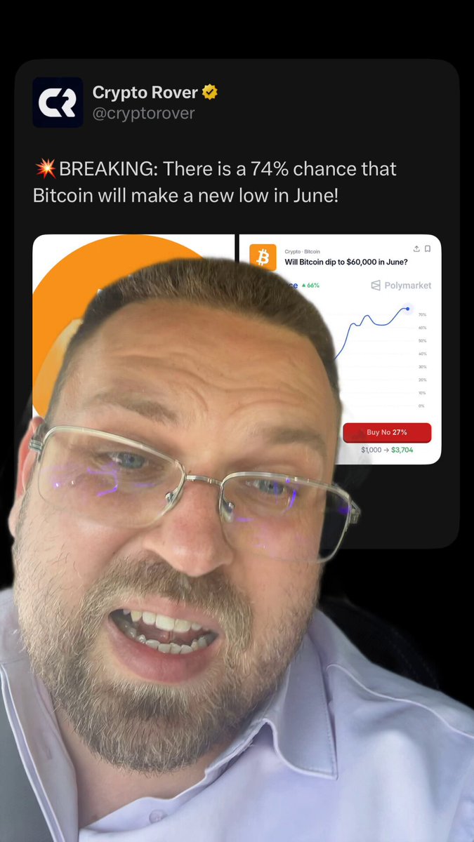 A man wearing glasses with a beard is making a funny facial expression for a video call where he is sharing his thoughts about Bitcoin prices at that moment. The conversation takes place within a Facebook Messenger chat box, and there are some text elements present as well. One of the messages appears to be discussing cryptocurrency values on May 21st.
