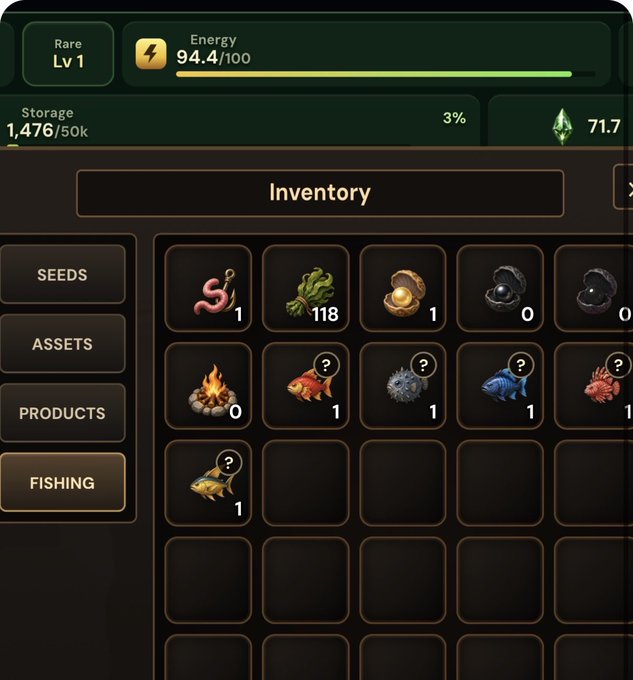 A video game inventory screen showing a 'Rare Lv 1' character profile with 94.4/100 energy, 1,476/50k storage, and various fish items in the Fishing tab.