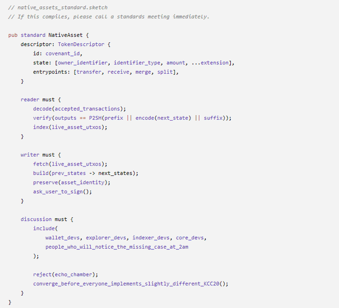 A code sketch parody depicting the "NativeAsset" standard with humorous requirements like "discussion must include people who will notice the missing case at 2am" and "converge before everyone implements slightly different KCC20." The image satirizes the complexity and bureaucratic nature of token standard development, which the post likely references when describing building on Kaspa and the need for ecosystem coordination spaces like Kas-Smiths.