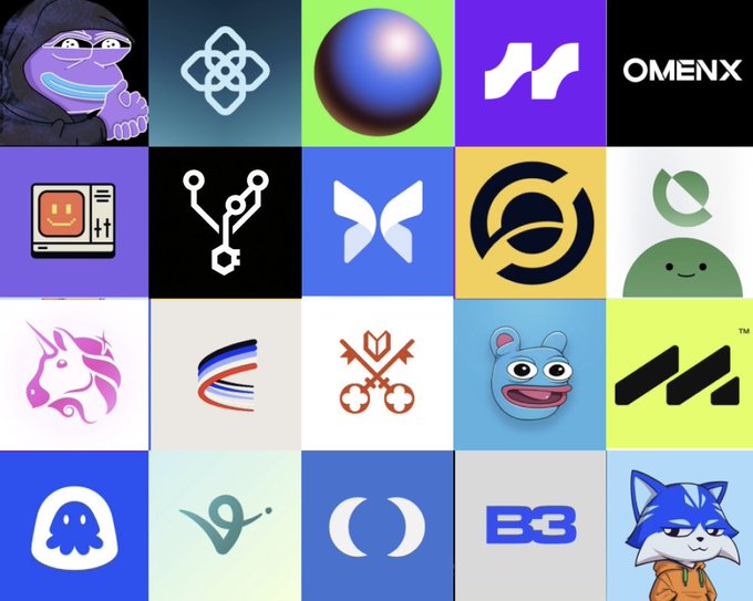 Grid of various crypto project logos including OMENX, a Pepe-style frog character, and multiple abstract designs.