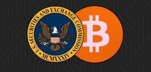 Two overlapping circular icons: the U.S. Securities and Exchange Commission (SEC) seal featuring an eagle, and an orange Bitcoin (BTC) logo, on a dark patterned background.