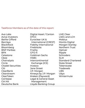 The image displays a list of taskforce members, including prominent financial institutions and crypto firms such as BlackRock, Goldman Sachs, JPMorgan, Coinbase, HSBC, Citi, and others, organized in three columns under the heading "Taskforce Members as of the date of this report." The accompanying post notes that BlackRock, Goldman Sachs, JPMorgan, Coinbase, and 50 other firms have joined the UK's tokenization taskforce to work on live tokenization use cases across the UK, and the image visually confirms this by listing many of these member organizations as participants in the initiative.