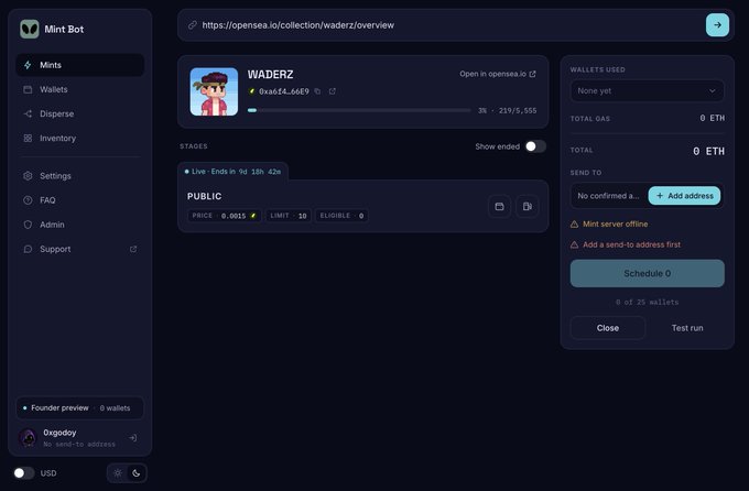 A screenshot of the "Mint Bot" dashboard displaying the WADERZ NFT collection on opensea.io, showing 3k minted out of 219/5,555 supply at a price of 0.0025 ETH with a "Mint server offline" warning, supporting the post's mention that their mint bot is progressing well.