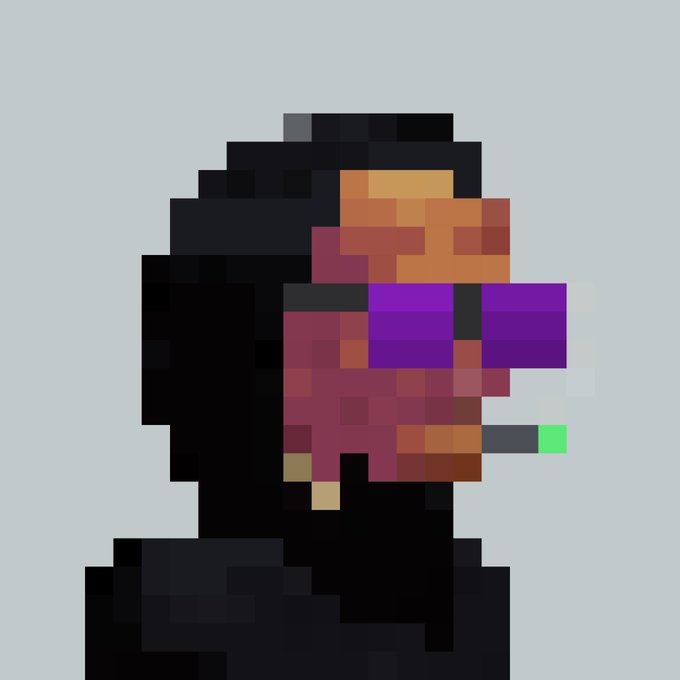 A heavily pixelated, low-resolution image showing what appears to be a silhouette of a person's head and shoulders with colored blocks in shades of purple, brown, and green, possibly suggesting a side profile with something in the mouth.