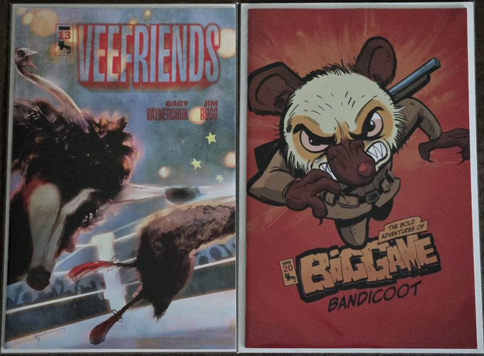 Two comic book covers displayed side by side: 'VEEFRIENDS' by Gary Vaynerchuk and Jim Boog on the left, and 'BIG GAME BANDICOOT' on the right.