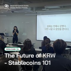 The image features a presentation with a woman standing at the front, speaking into a microphone while others sit attentively behind her. The room has white walls and a large screen displaying information about KRW-backed stablecoins. A few people are sitting in chairs around the room, some of them facing the speaker.