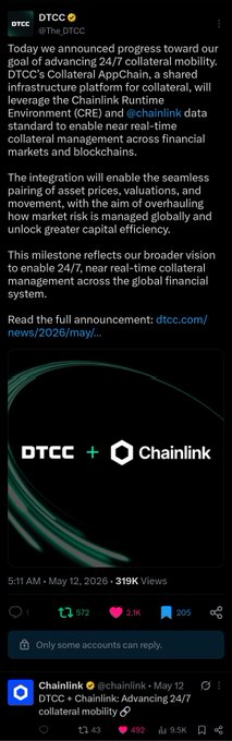 The image shows a social media feed displaying a series of posts related to cryptocurrency development and blockchain technology. A prominent post promotes an app called "Chatterbit" developed by DTCC, which allows users to track their investments and news about crypto markets in real-time using the Chainlink Runtime Environment for financial markets. Other posts discuss similar apps or advancements in technology related to cryptocurrency and blockchain.