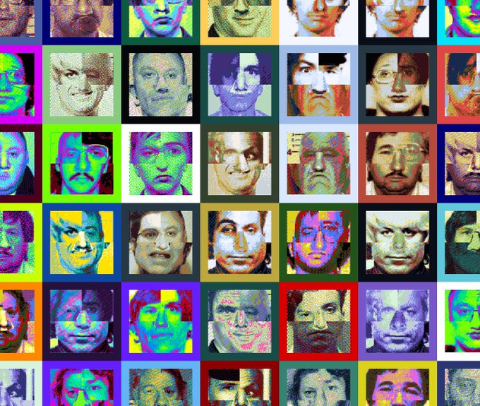 A vibrant, pop-art style collage grid featuring dozens of faces in high-contrast, multi-colored halftone and glitch-art patterns.