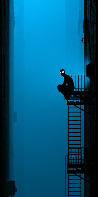 A silhouetted figure wearing a Spider-Man mask sits perched on a fire escape in a moody blue cityscape, evoking a quiet, reflective start to the day that pairs perfectly with the post's warm "good morning CT, have a wonderful Friday" greeting.